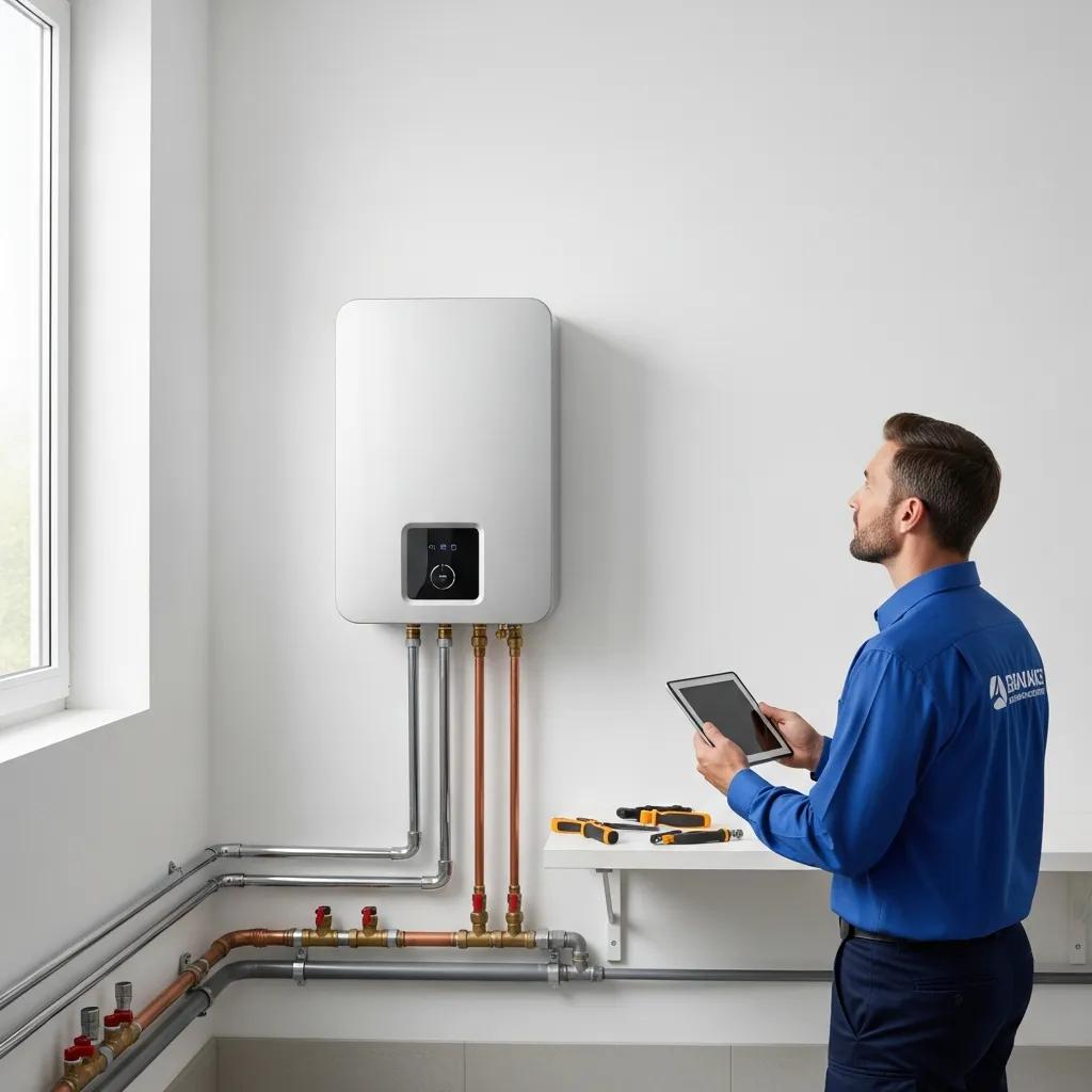 Modern tankless water heater installation in a home setting