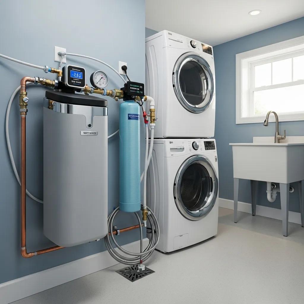 Modern water softener system installed in a home utility room