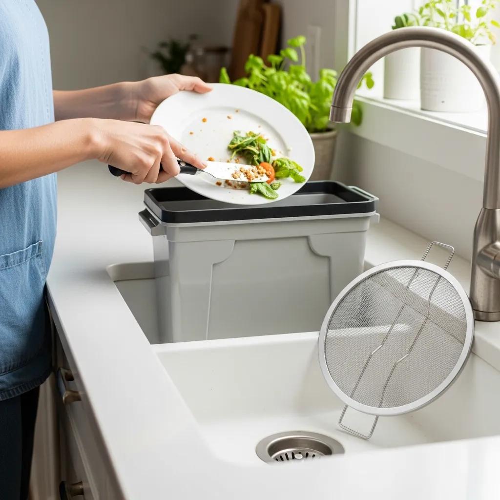 Person scraping food scraps from a plate into a container next to a kitchen sink, demonstrating kitchen drain clog prevention techniques.