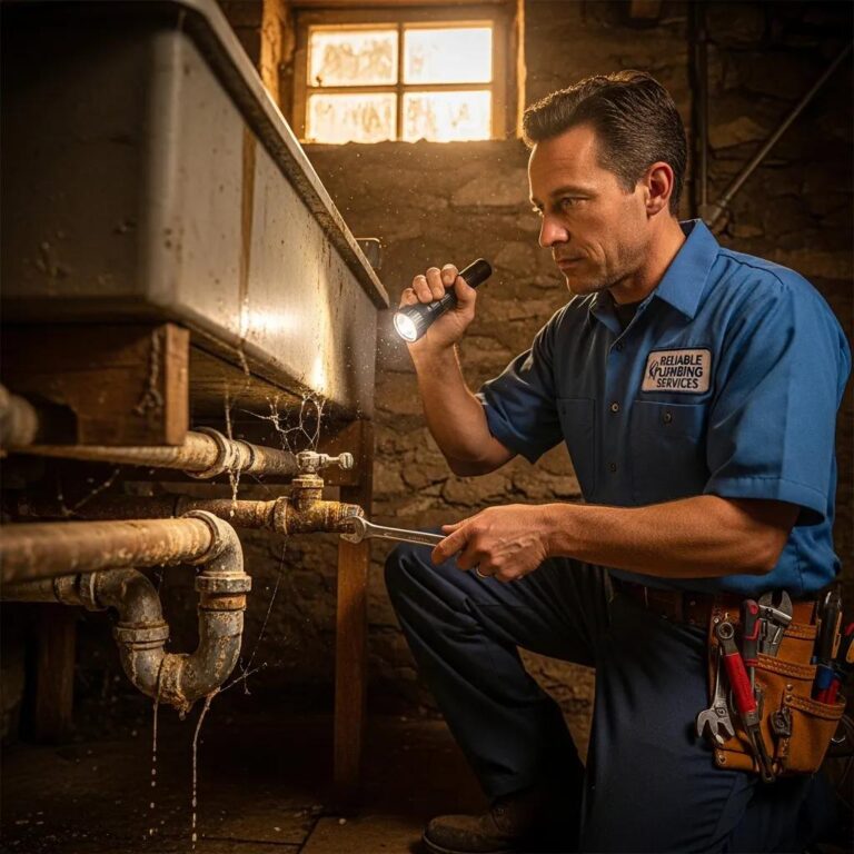 Plumber inspecting old pipes in an older home, highlighting the importance of repiping services