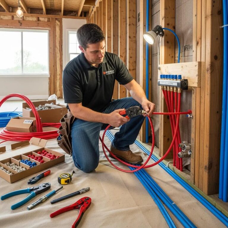 Plumber installing PEX pipes in a residential home for whole house repiping
