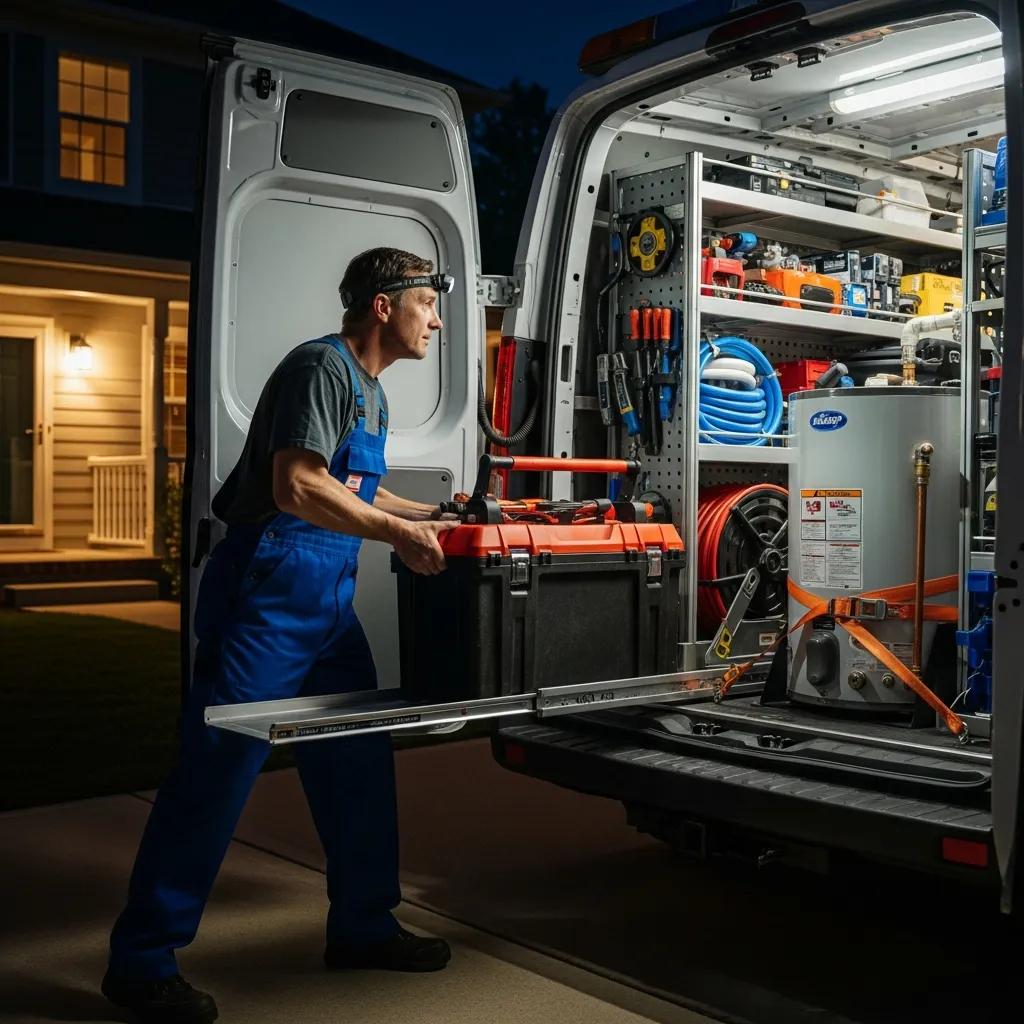 Plumber responding to an emergency water heater repair at night