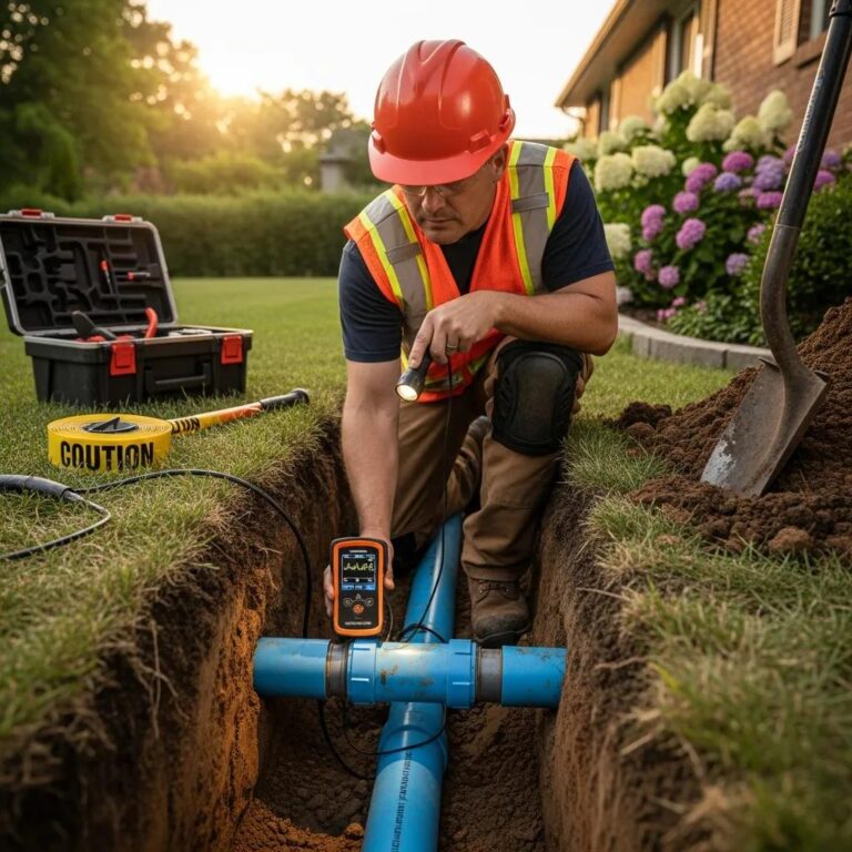 Professional plumber inspecting a water main line in a residential setting