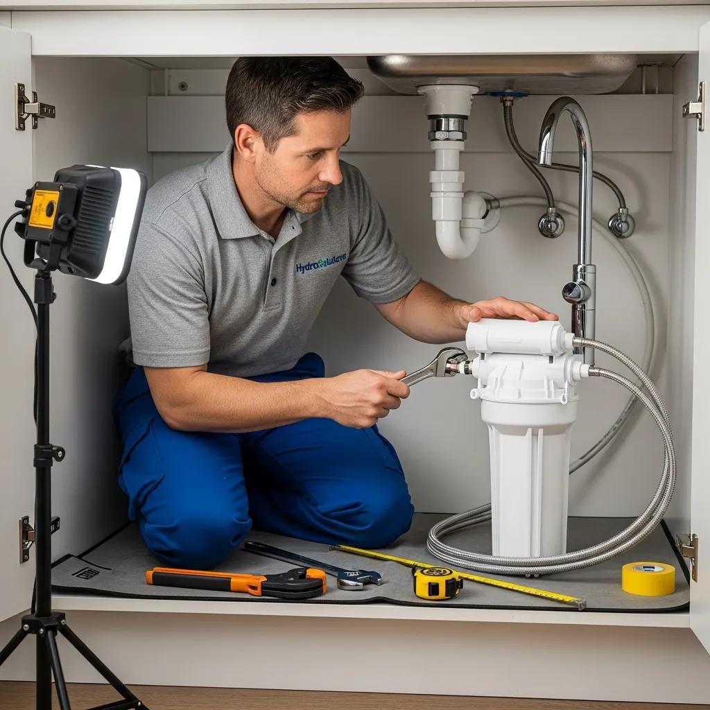 Plumber installing a point-of-use water filter under a kitchen sink