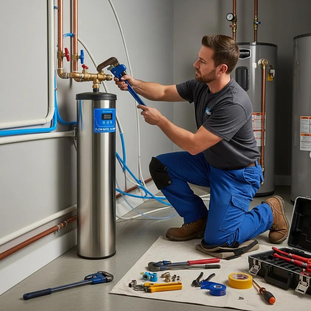 Professional plumber installing a salt-free water conditioner, using tools and adjusting plumbing connections, with various plumbing tools visible on the floor.