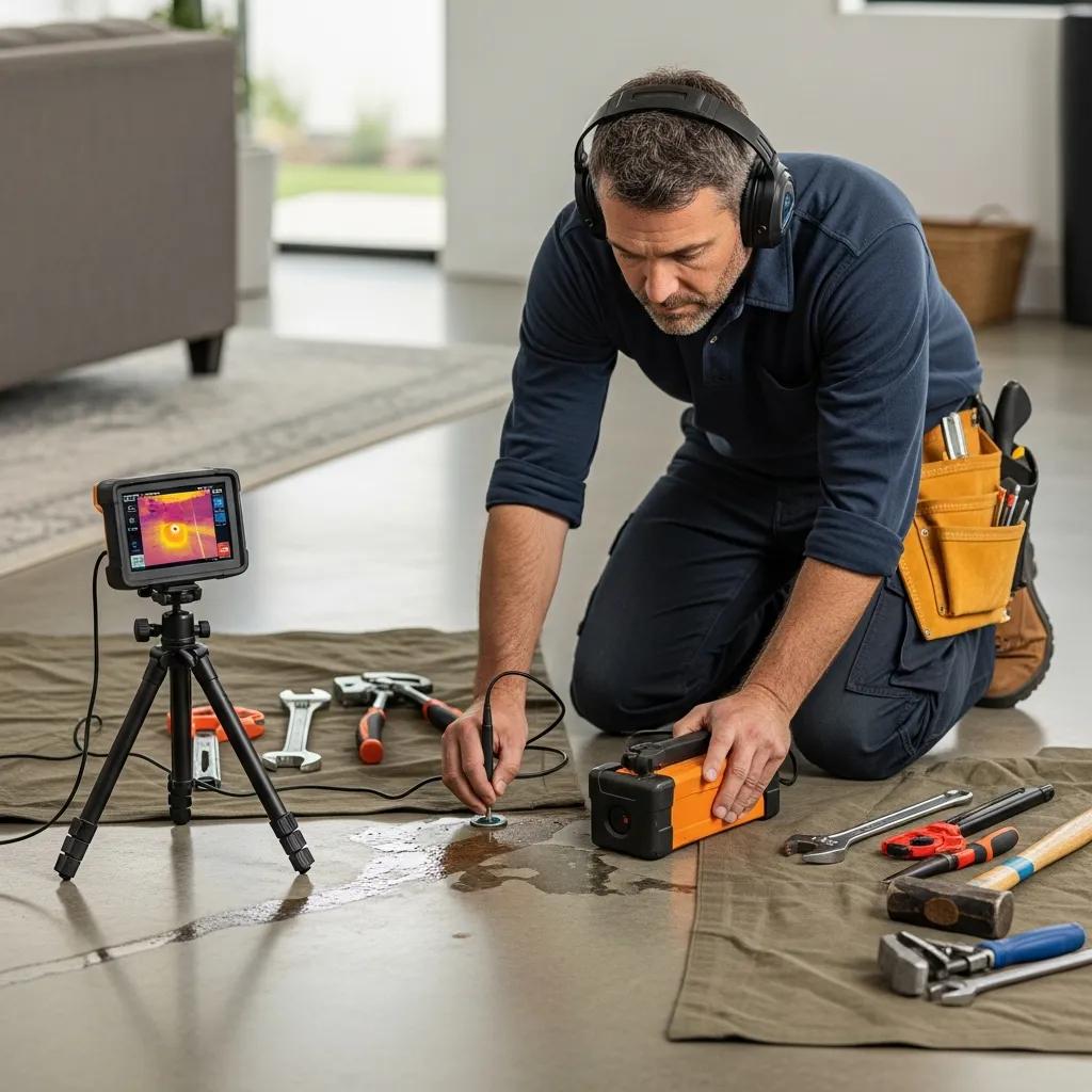 Professional plumber using advanced tools for slab leak detection under a concrete foundation