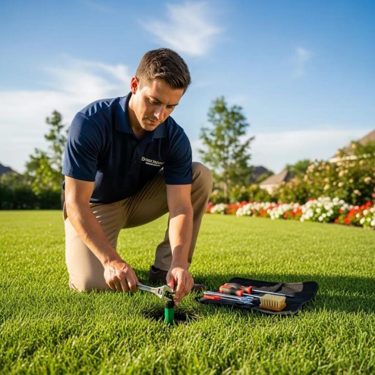Professional technician inspecting a residential sprinkler system in a green lawn