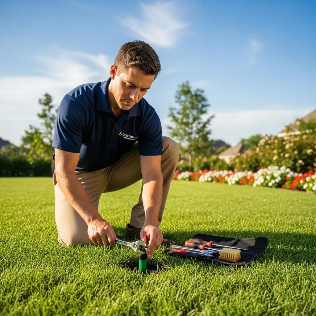 Professional technician inspecting a residential sprinkler system in a green lawn, using tools for maintenance and repair services, emphasizing seasonal checks for efficient irrigation.