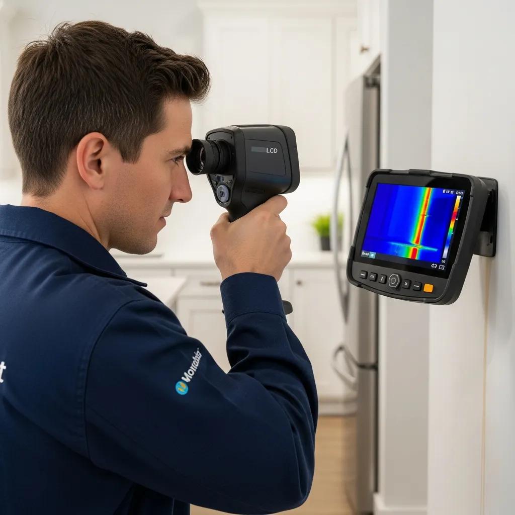 Professional using thermal imaging technology for leak detection in a modern home, showcasing non-invasive methods for identifying water leaks.