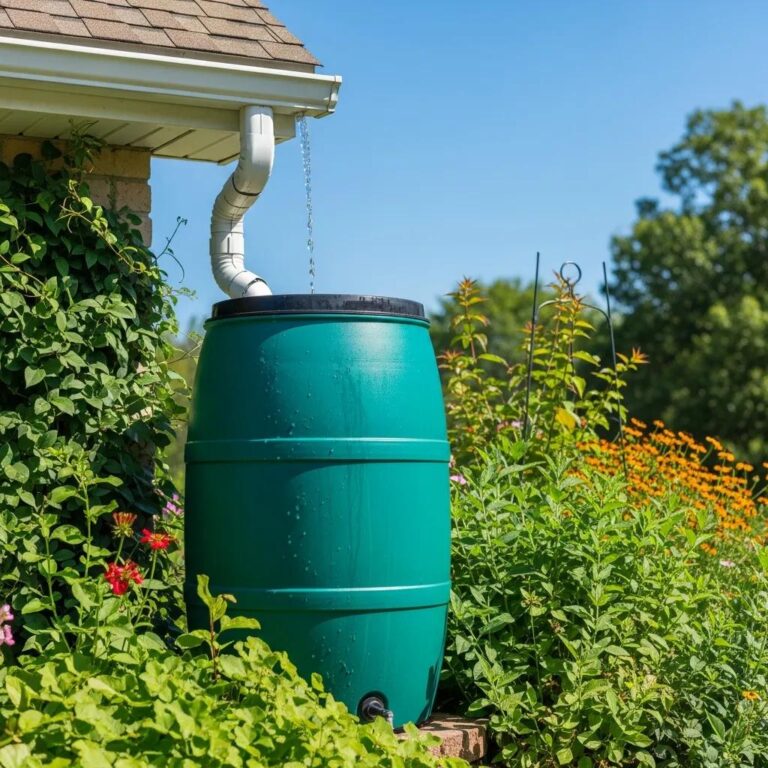 Rain barrel in a garden collecting rainwater, emphasizing sustainable gardening practices