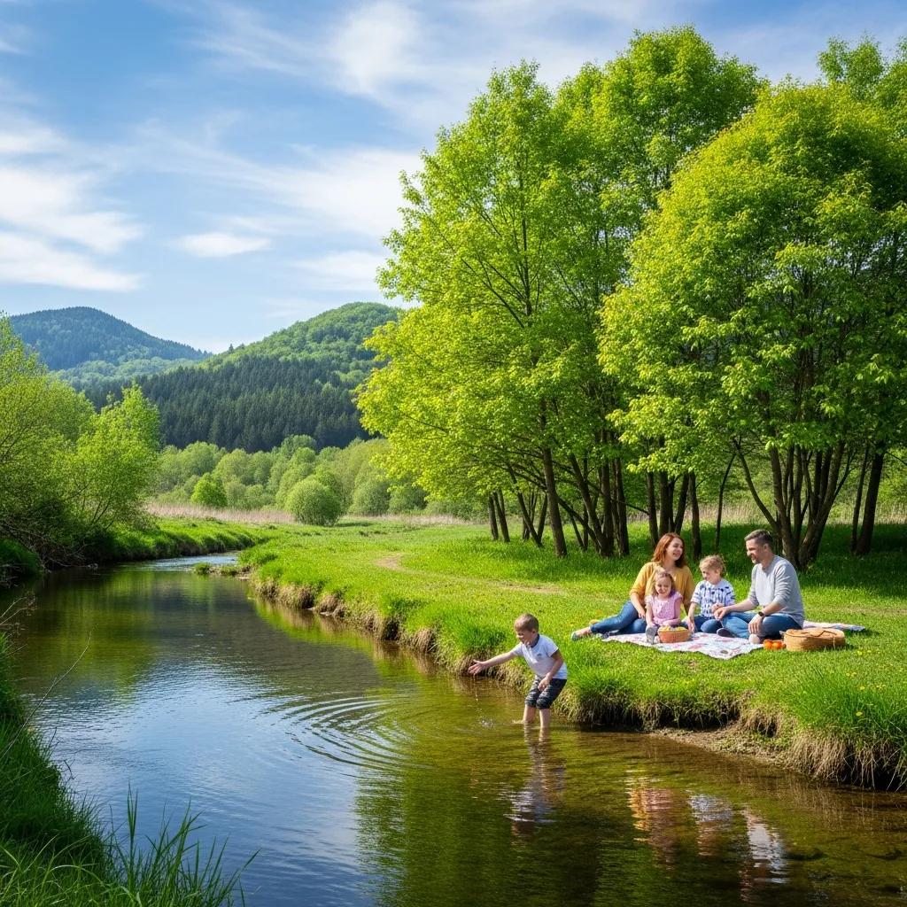 Family enjoying a picnic by a clear stream in a lush green landscape, illustrating the environmental benefits of salt-free water systems.