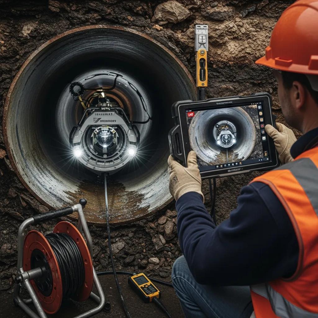 Sewer camera feed displayed on a monitor during a pipe inspection