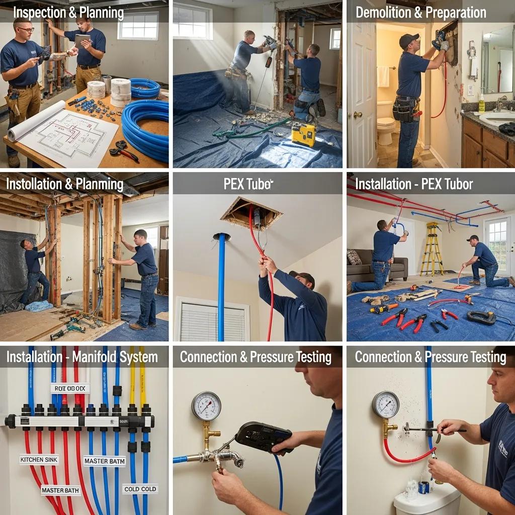 Technicians following a clear step‑by‑step repiping process in a residential home