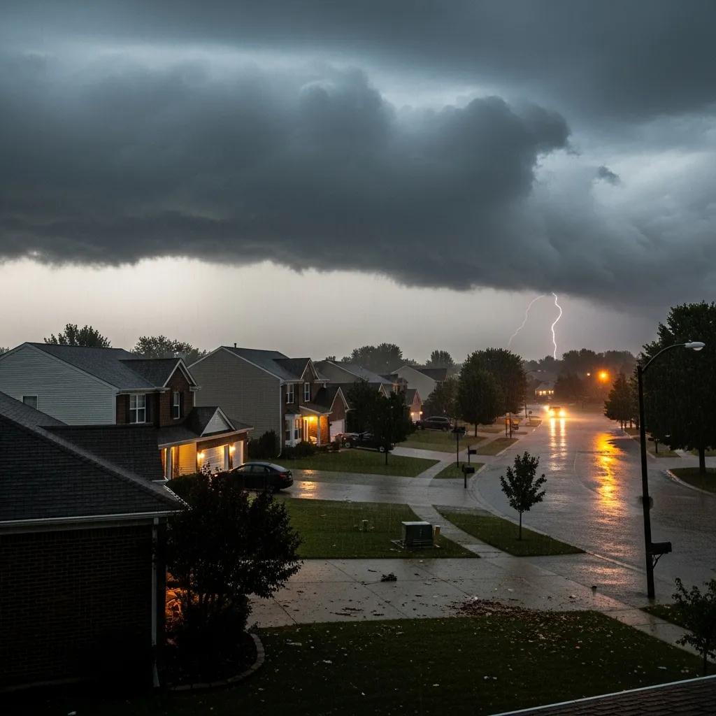 Stormy weather over residential neighborhood in Farmington Hills with dark clouds, lightning, and wet streets highlighting flood risk and power outage concerns.