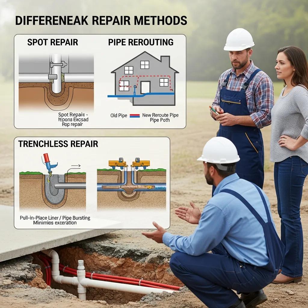 Technician showing repair options for a slab leak to a homeowner
