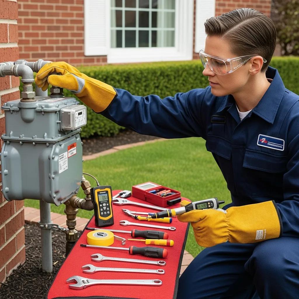 Technician inspecting a gas meter with safety gloves and goggles, surrounded by tools for gas line repair and installation in a residential setting.