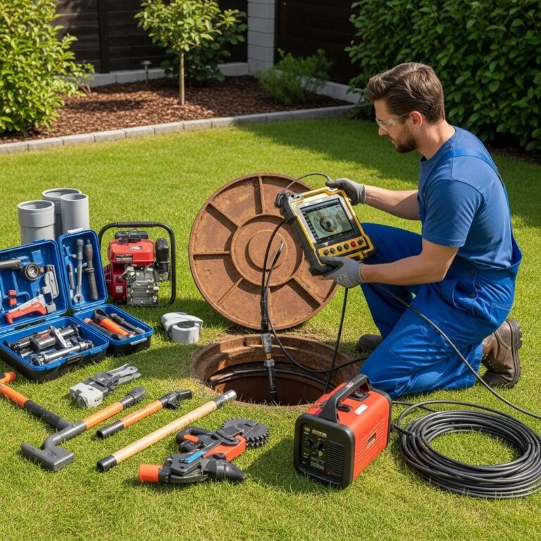 Technician inspecting sewer line with camera in residential area