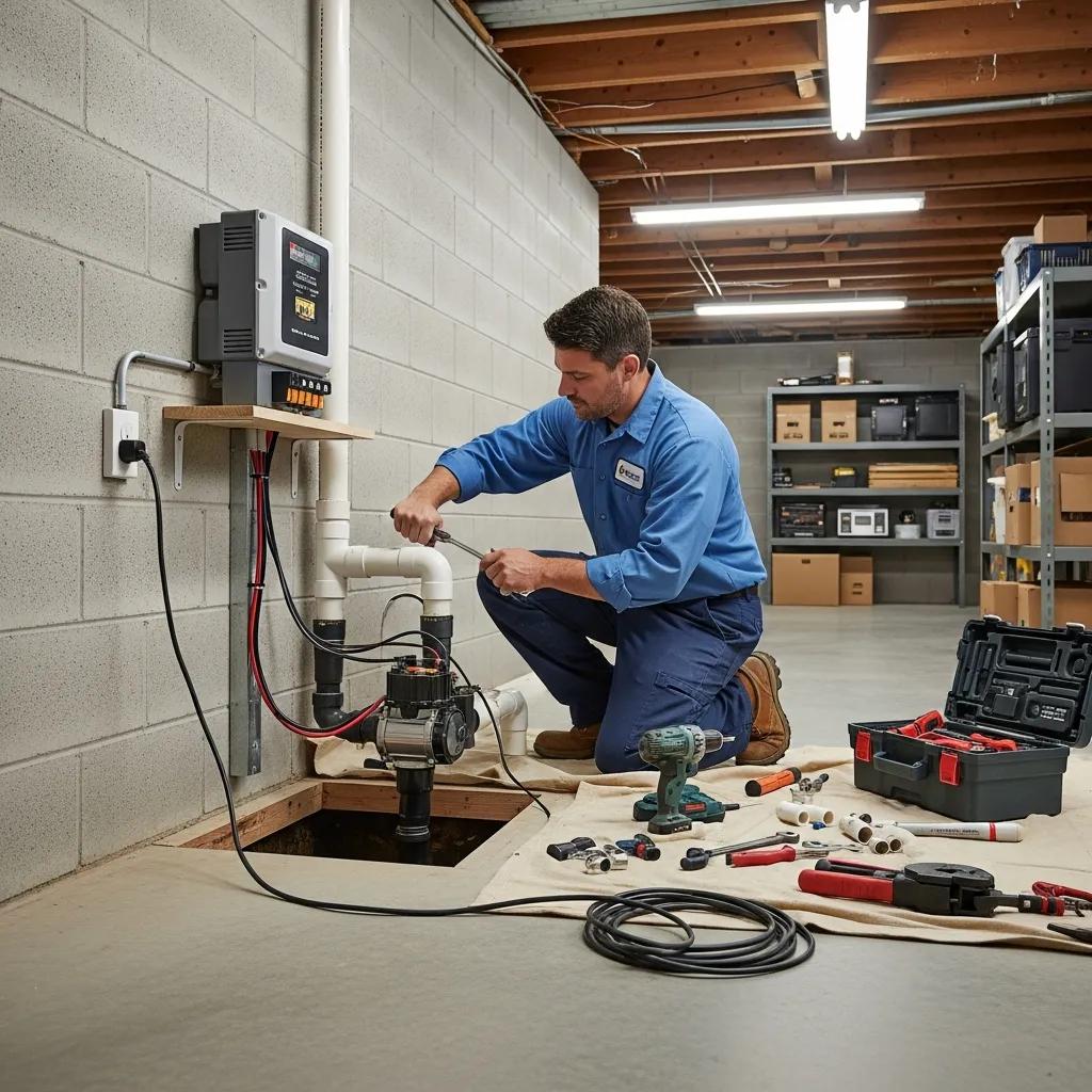 Technician installing a battery backup sump pump in a residential basement, demonstrating wiring connections and discharge line setup, with tools and equipment visible.