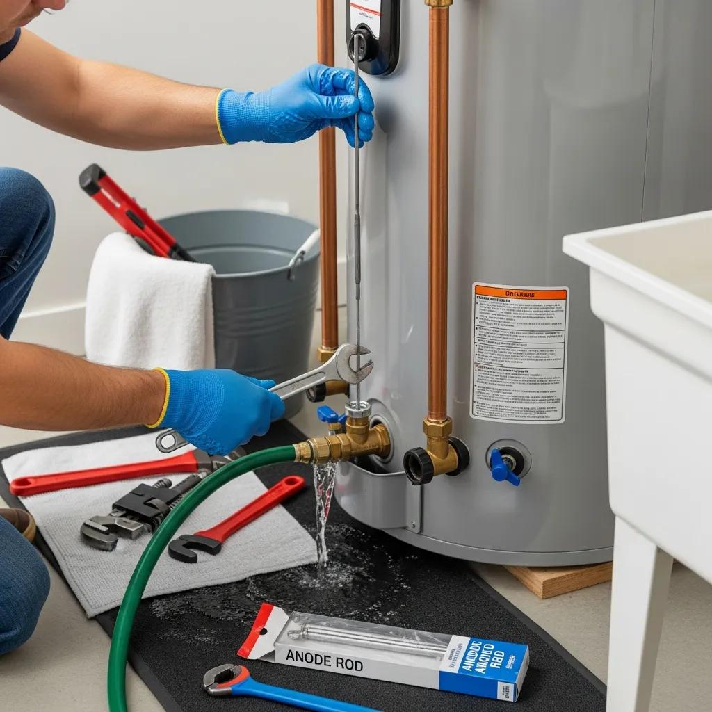 Technician performing maintenance on a water heater