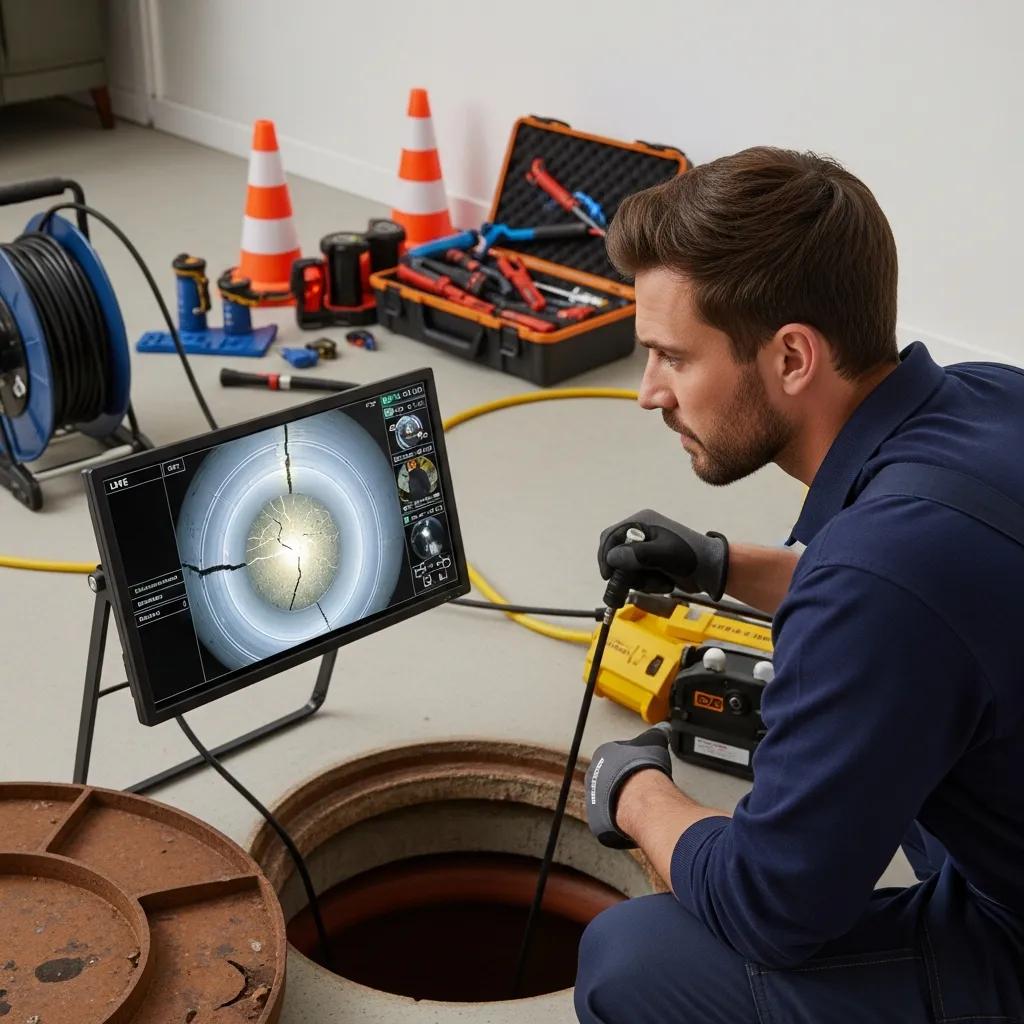 Technician performing sewer camera inspection with advanced technology in a residential setting