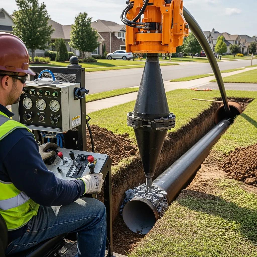Technician operating trenchless pipe bursting equipment during sewer replacement