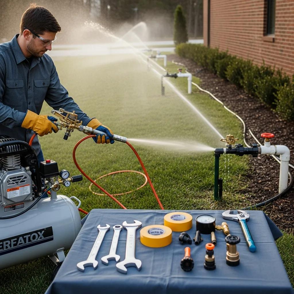 Technician performing winterization of a sprinkler system using a compressor, with tools and equipment on a table, illustrating seasonal maintenance for irrigation systems.