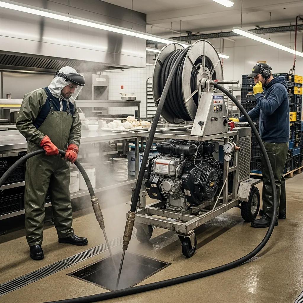 Commercial hydro jetting being performed on a large industrial drain