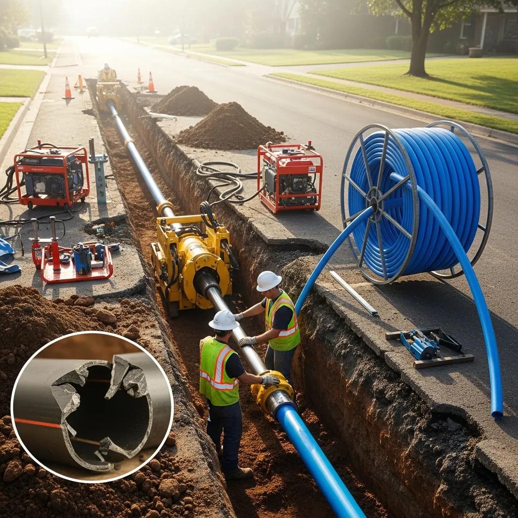 Crew using trenchless equipment to replace a water main with minimal digging