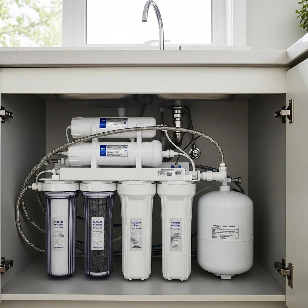 Under-sink reverse osmosis system components including pre-filters, membrane, and storage tank in a modern kitchen setting, illustrating water filtration technology for improved drinking water quality.