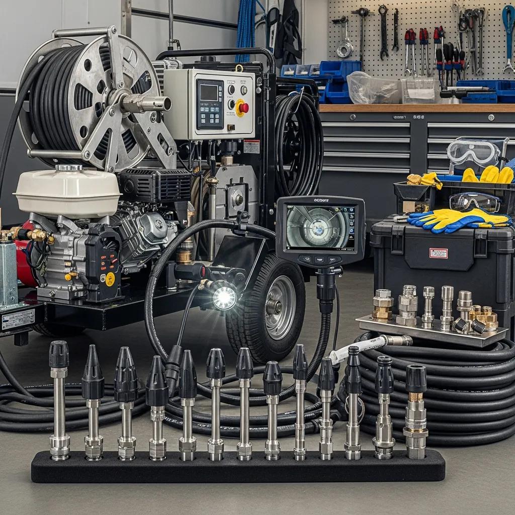 Hydro jetting gear: high‑pressure jetter, assortment of nozzles, and sewer camera
