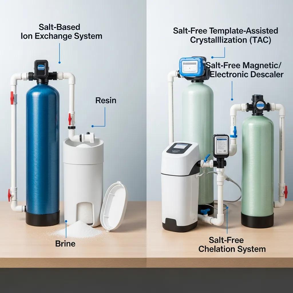 Salt-based ion exchange water softener system and salt-free template-assisted crystallization (TAC) system, showcasing key components like brine, resin, and electronic descaler for effective hard water treatment solutions.
