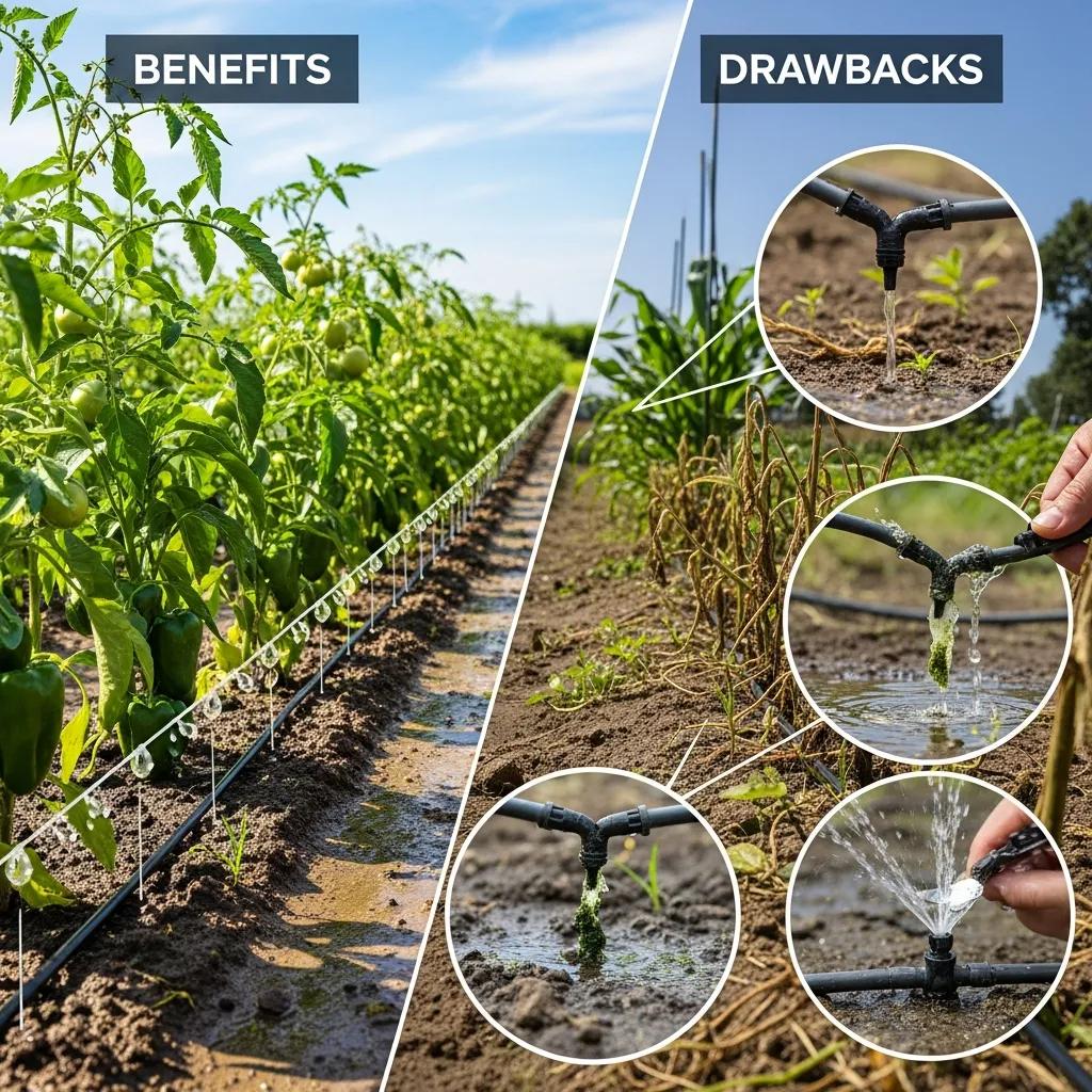 Visual comparison of drip irrigation benefits with healthy plants on the left, and drawbacks including clogged emitters and uneven watering on the right, highlighting maintenance issues for efficient garden watering.