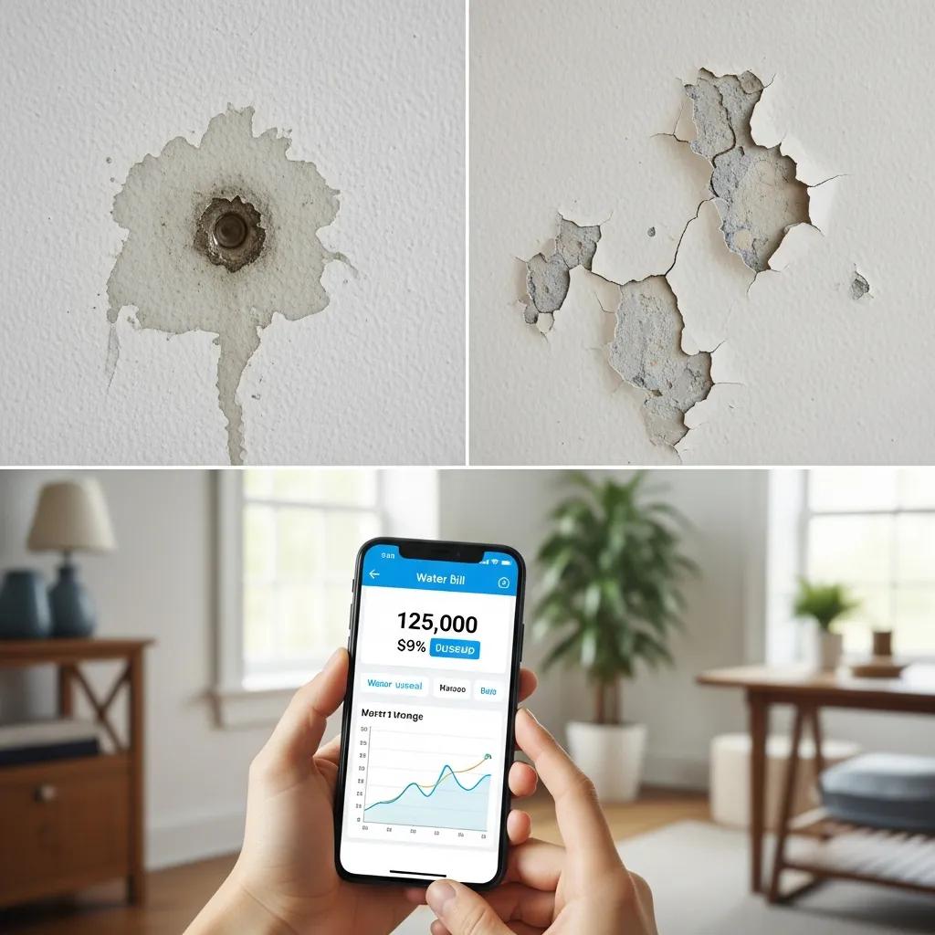 Visual indicators of hidden water leaks: damaged wall with wet spots and peeling paint, smartphone displaying high water bill of 125,000 units.