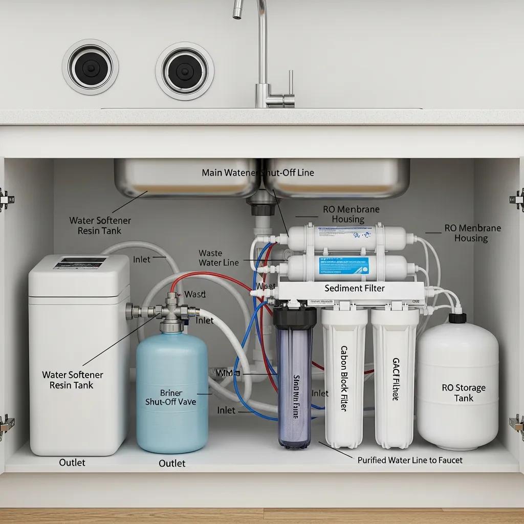 Installed water softener and under-sink reverse osmosis unit showing how they complement whole-house filtration