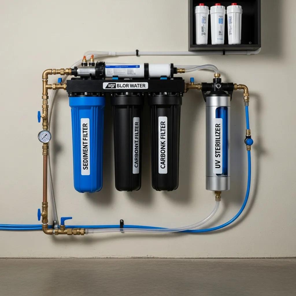 Whole-house water filtration system components including sediment filter, carbon filters, and UV sterilizer mounted on a wall, illustrating advanced water treatment solutions for residential use.