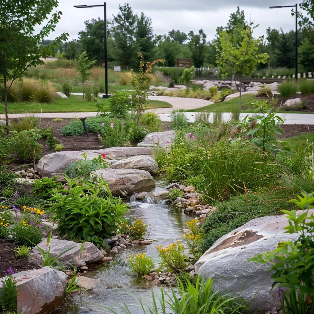 Rain garden with flowing water, native plants, and rocks, illustrating green infrastructure for effective stormwater management.