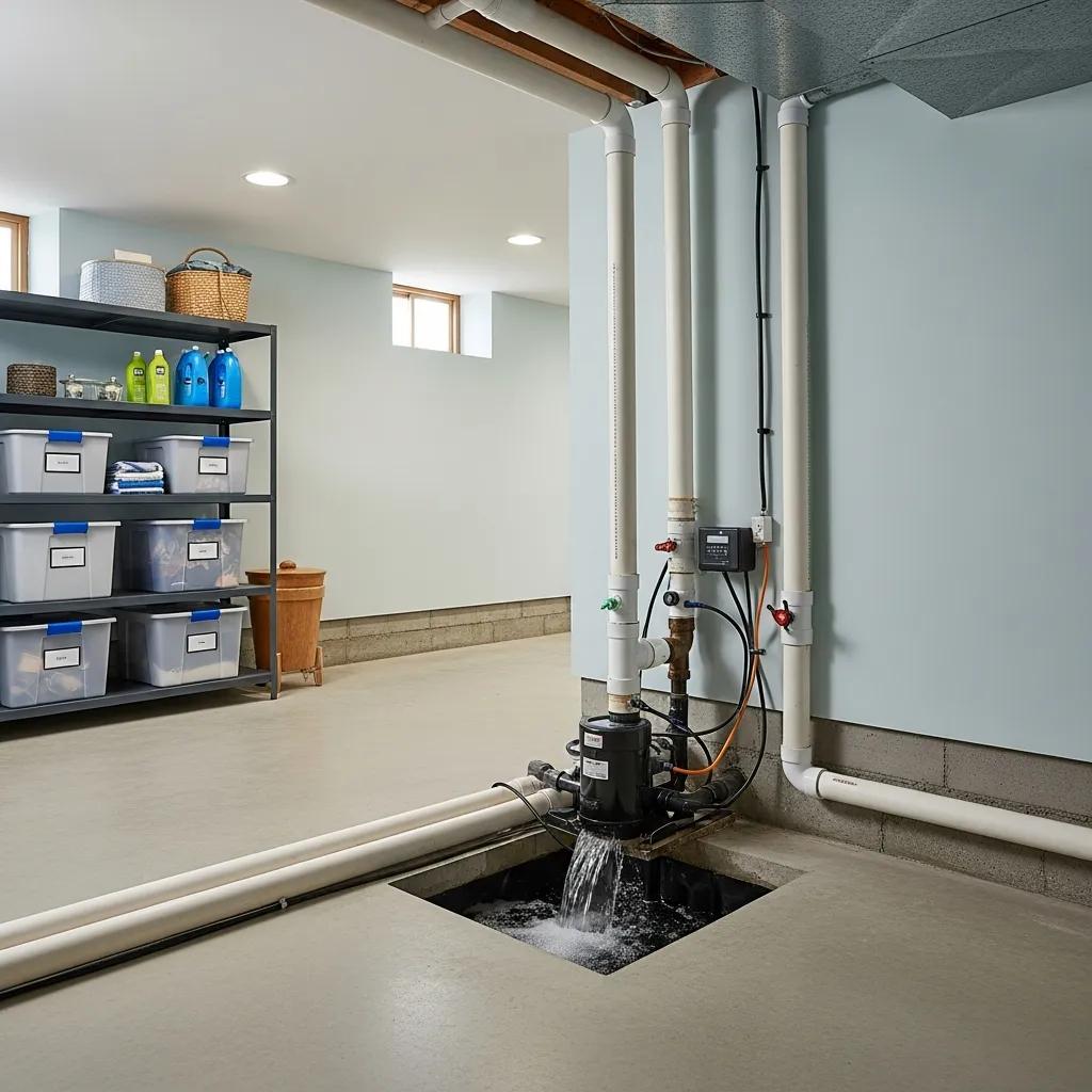 Basement featuring a sump pump system for flood prevention, with drainage pipes and storage shelves, highlighting essential measures for moisture control.