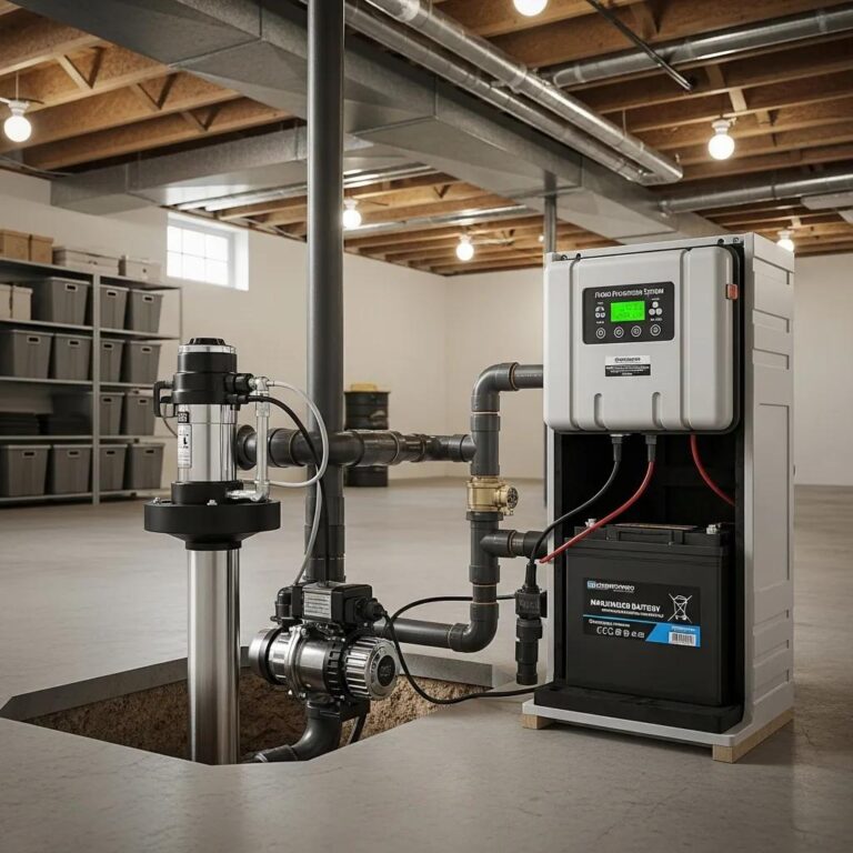 Battery backup sump pump system in a basement, emphasizing flood prevention