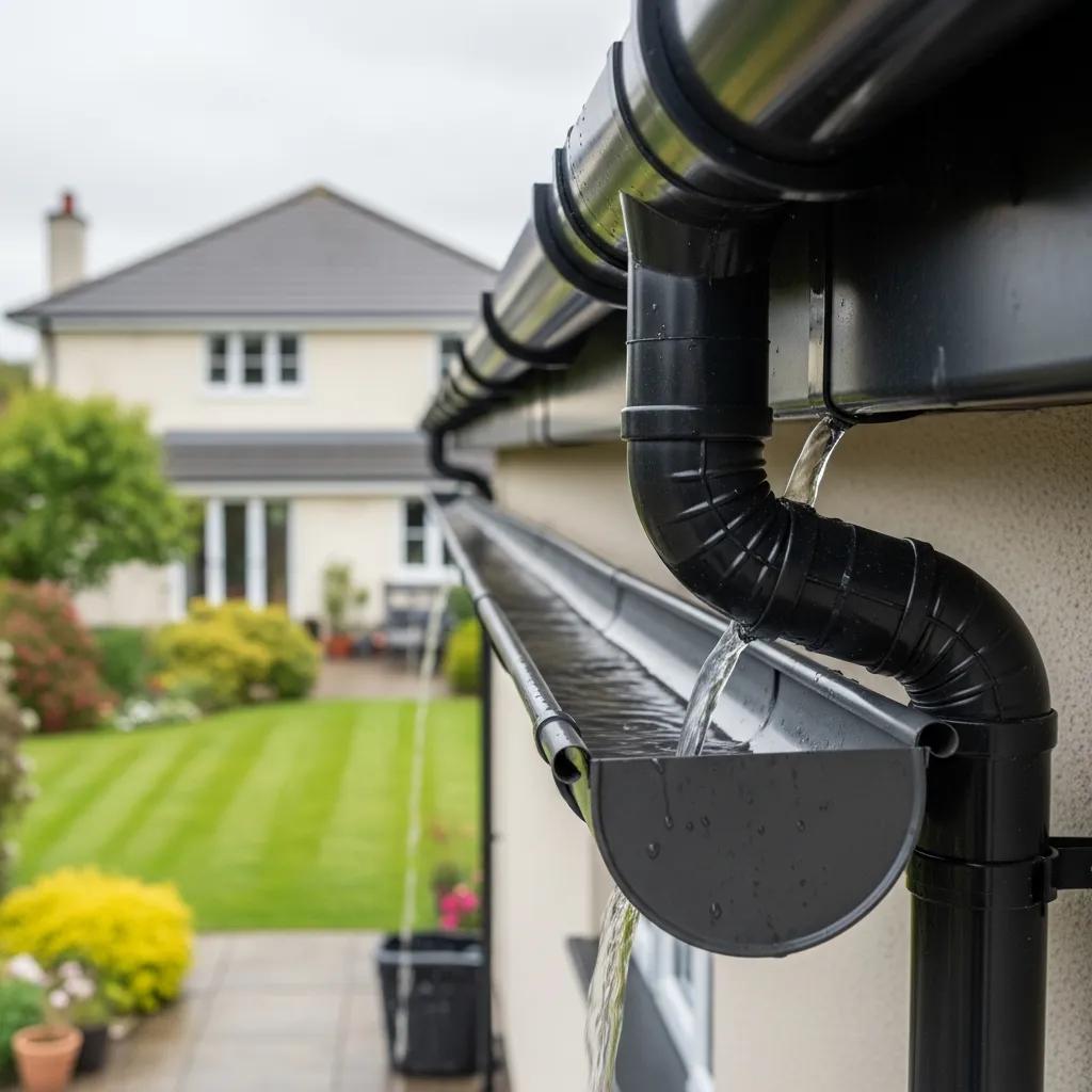 Clear gutter system with water flowing during summer