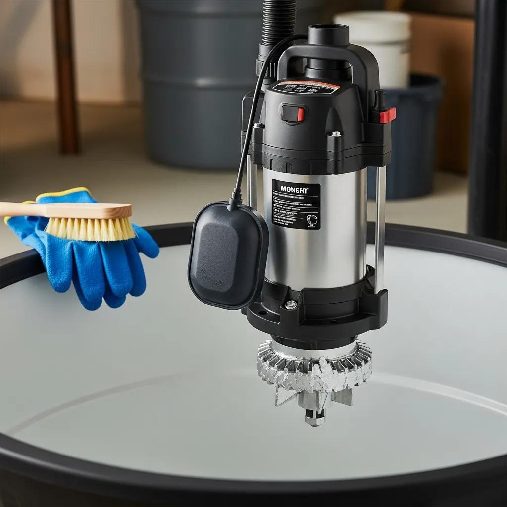 Close-up of a sump pump with a cleaning brush, demonstrating DIY maintenance steps for sump pump care to prevent basement flooding.