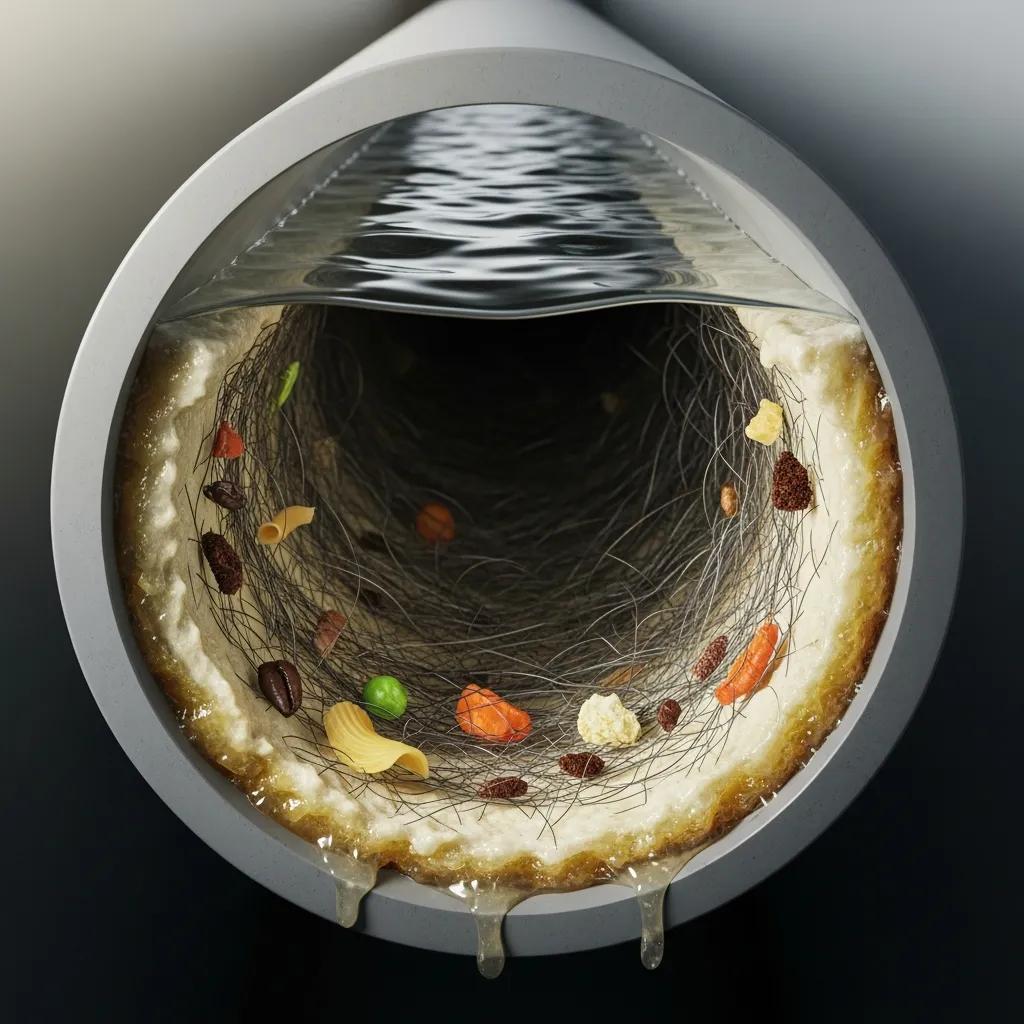 Close-up of a drain clogged with grease, hair, and food particles