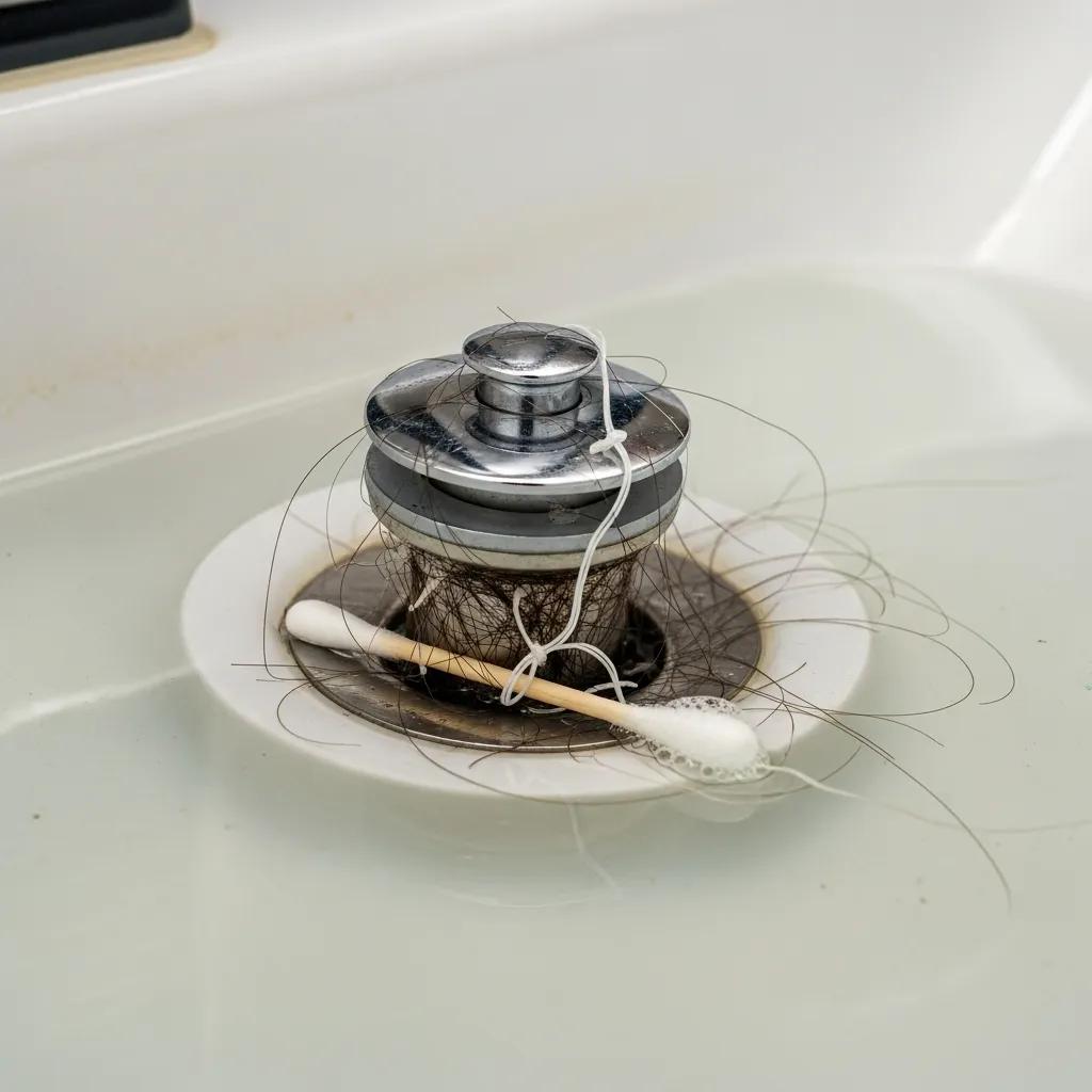 Close-up of a clogged drain with standing water and debris — signs of an emergency drain problem