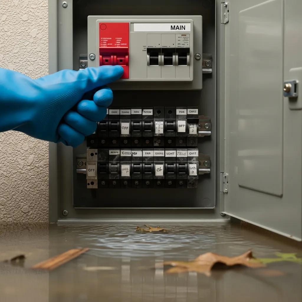 Close-up of a hand switching off the main electrical breaker in a flooded area