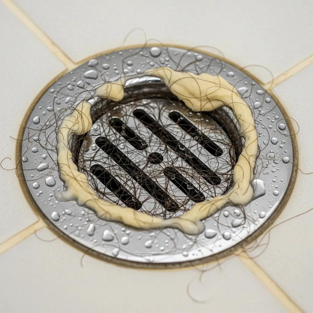 Close-up of a shower drain with hair and soap scum buildup, illustrating common causes of clogs in plumbing.