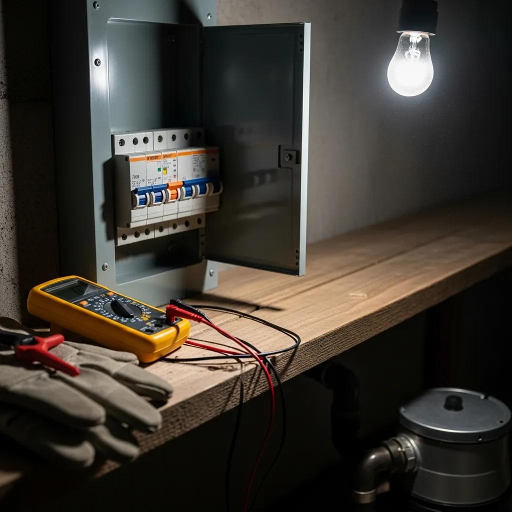 Close-up of a tripped circuit breaker panel with a multimeter and gloves on a wooden shelf, illustrating electrical troubleshooting for sump pump issues.