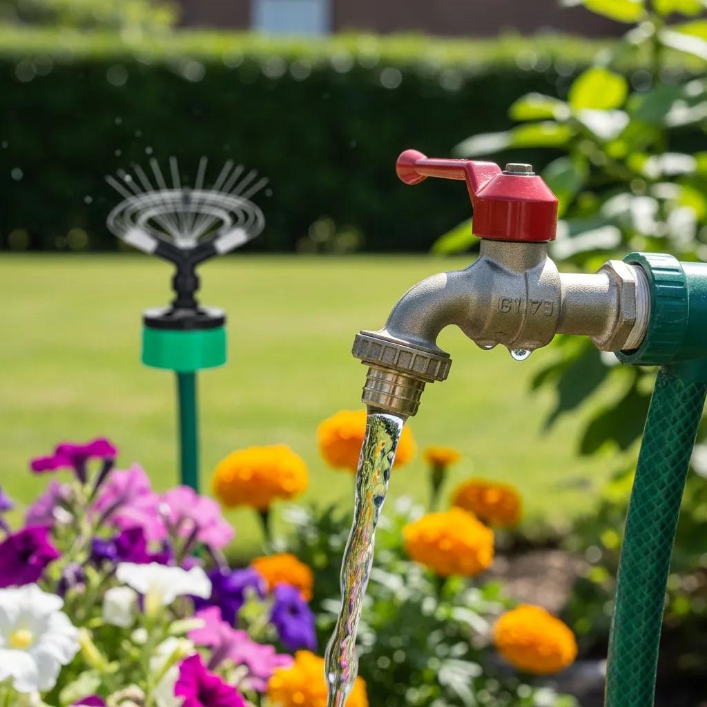 Close view of an outdoor faucet and sprinkler head being checked for summer maintenance