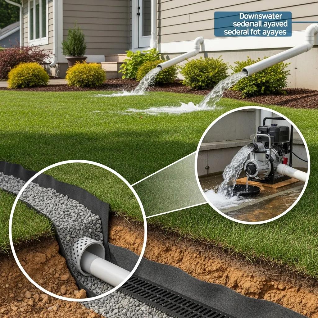 Residential stormwater management solutions featuring downspout extensions, French drain system with gravel, and a sump pump, effectively directing surface runoff away from the home.