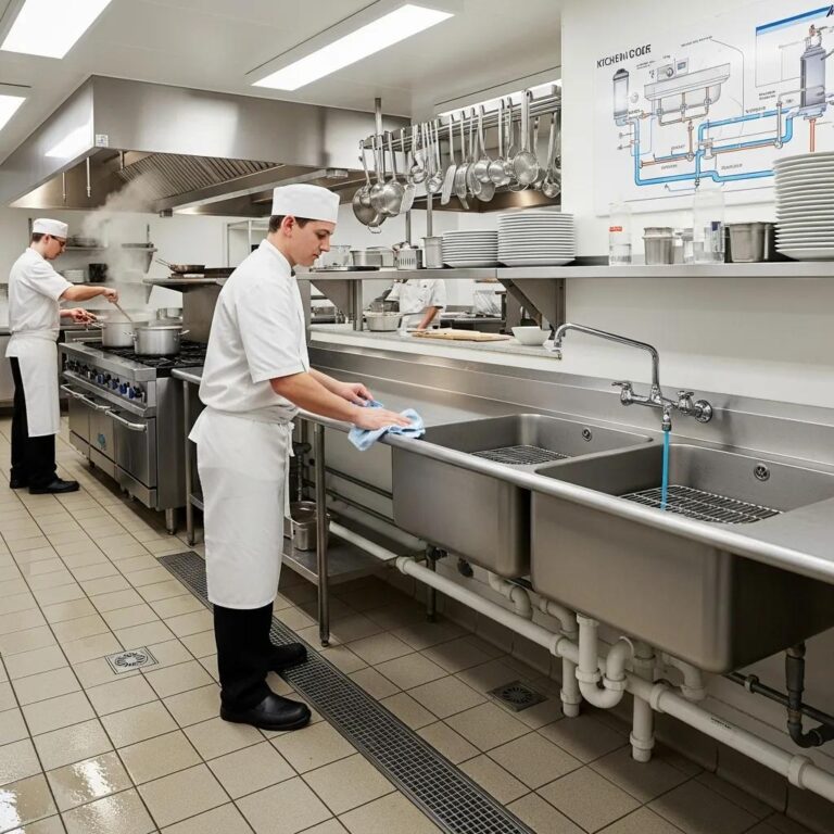 Commercial kitchen with clean drains and active chefs, highlighting the importance of drain care