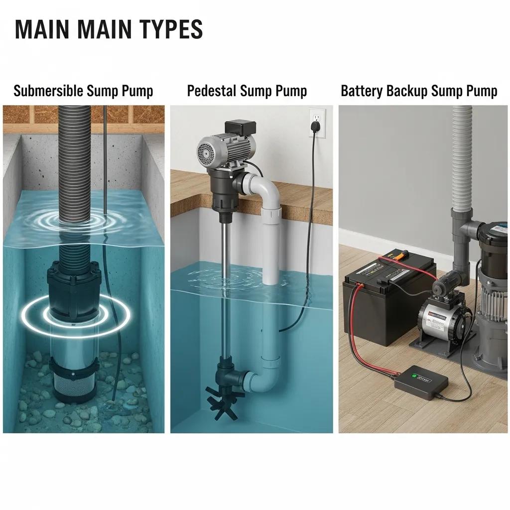 Comparison of submersible, pedestal, and battery backup sump pumps, highlighting their designs and functionalities for basement flood prevention.