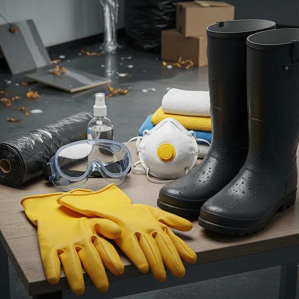 Personal protective equipment laid out for water damage cleanup: gloves, boots, respirator, eye protection